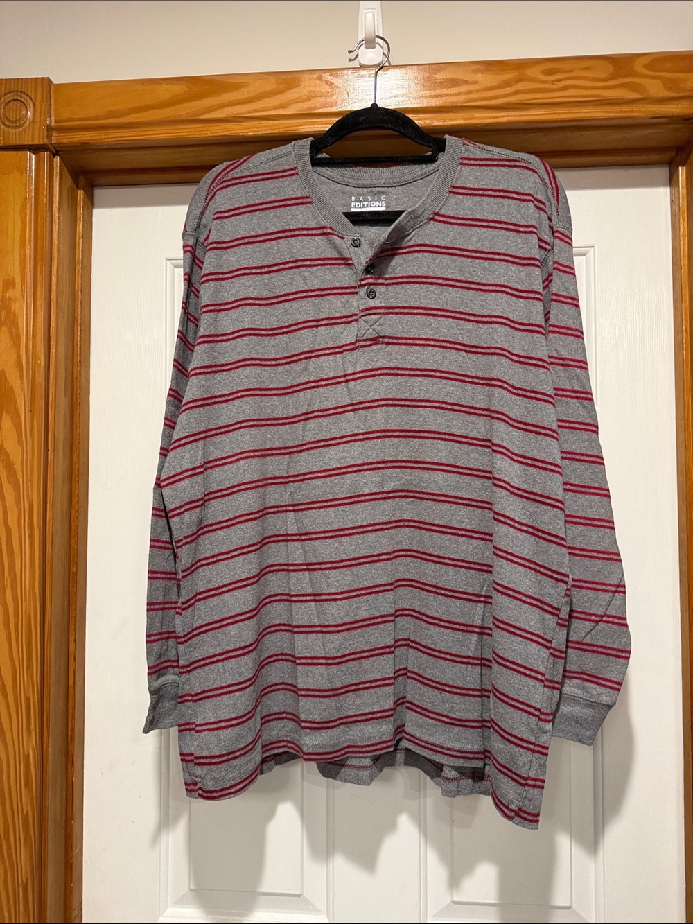Basic Editions Gray Crewneck Henley with Red Stripes